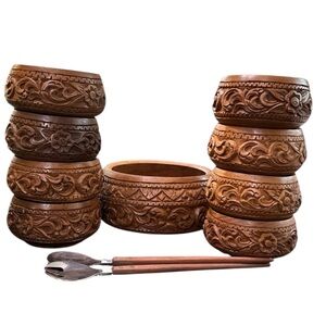 Rare Beautiful Vintage Decorative Hand Carved Large Wood Salad Bowl & 8 Bowl Set